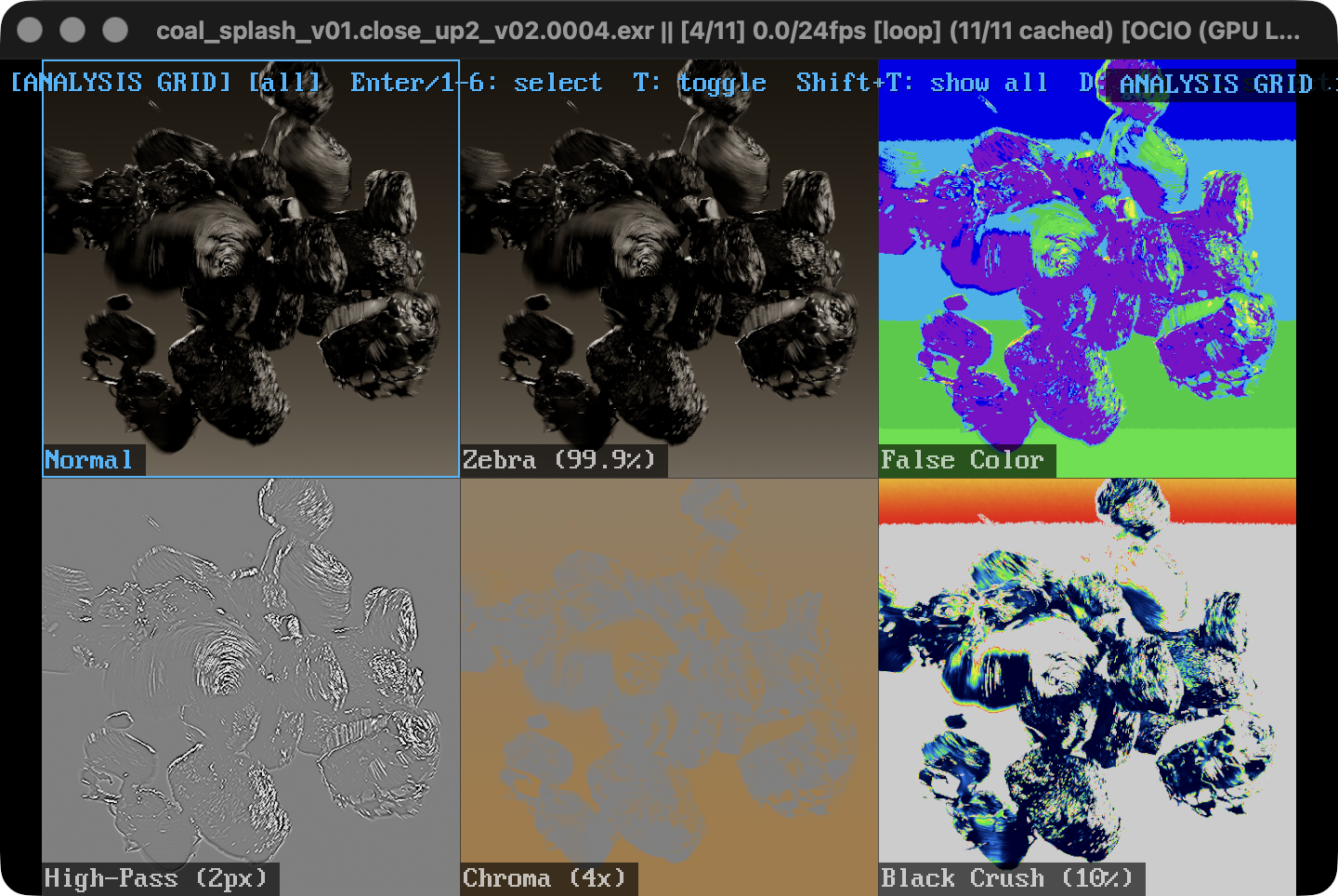 justview comparing normal, zebra, false color, high-pass, chroma, and black-crush analysis views