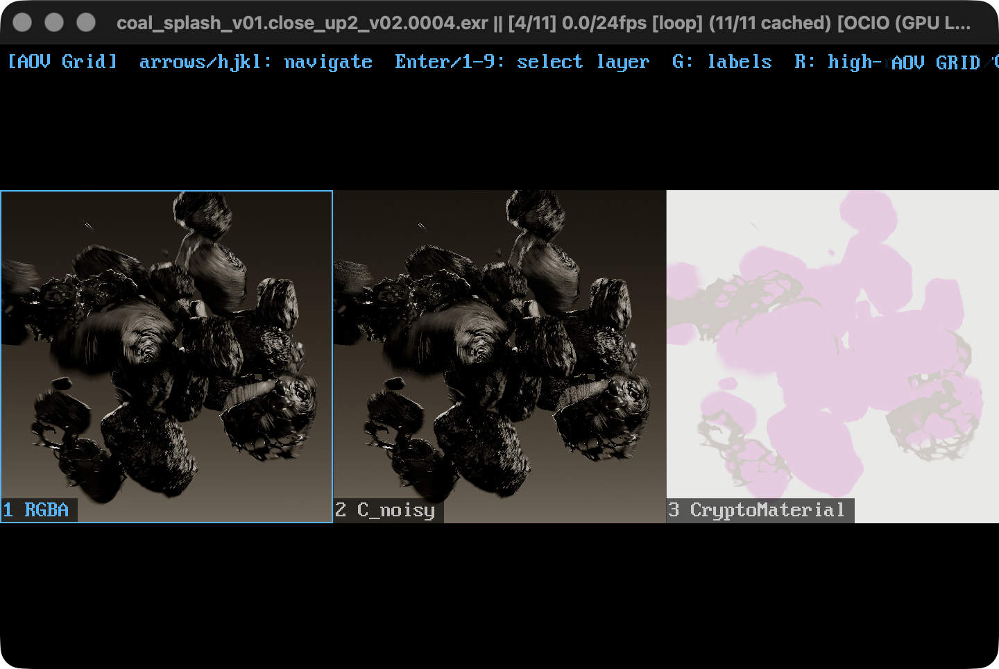 justview comparing beauty, noisy color, and cryptomatte layers in an AOV grid