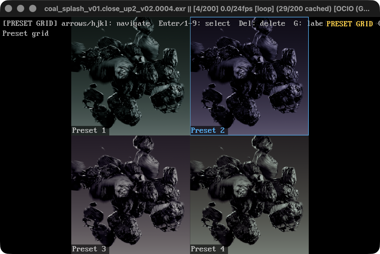 justview comparing saved grades on frame 4 in a preset grid