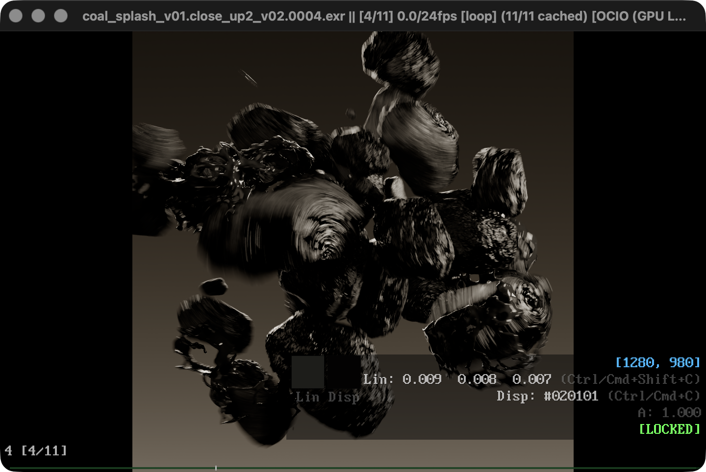 justview showing a locked pixel sample with scene-linear values and a display color readout