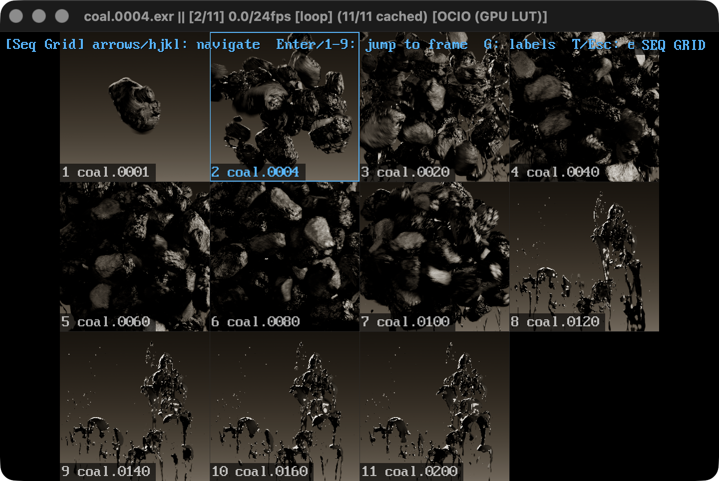 justview displaying eleven stages of the coal splash sequence in a frame grid
