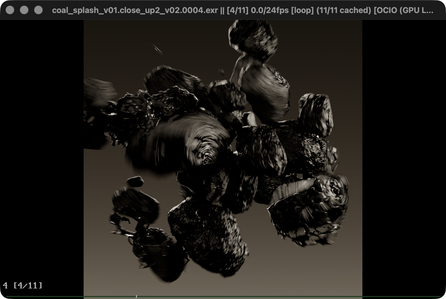 justview displaying a frame from a coal splash EXR sequence