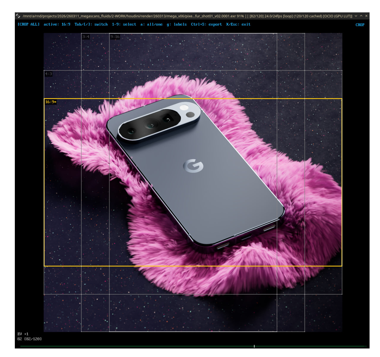 justview showing a crop overlay and composition guides over an image sequence frame